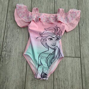 Disney Frozen Elsa Ruffle Off-Shoulder Swimsuit Pink/Mint Girls Size 4